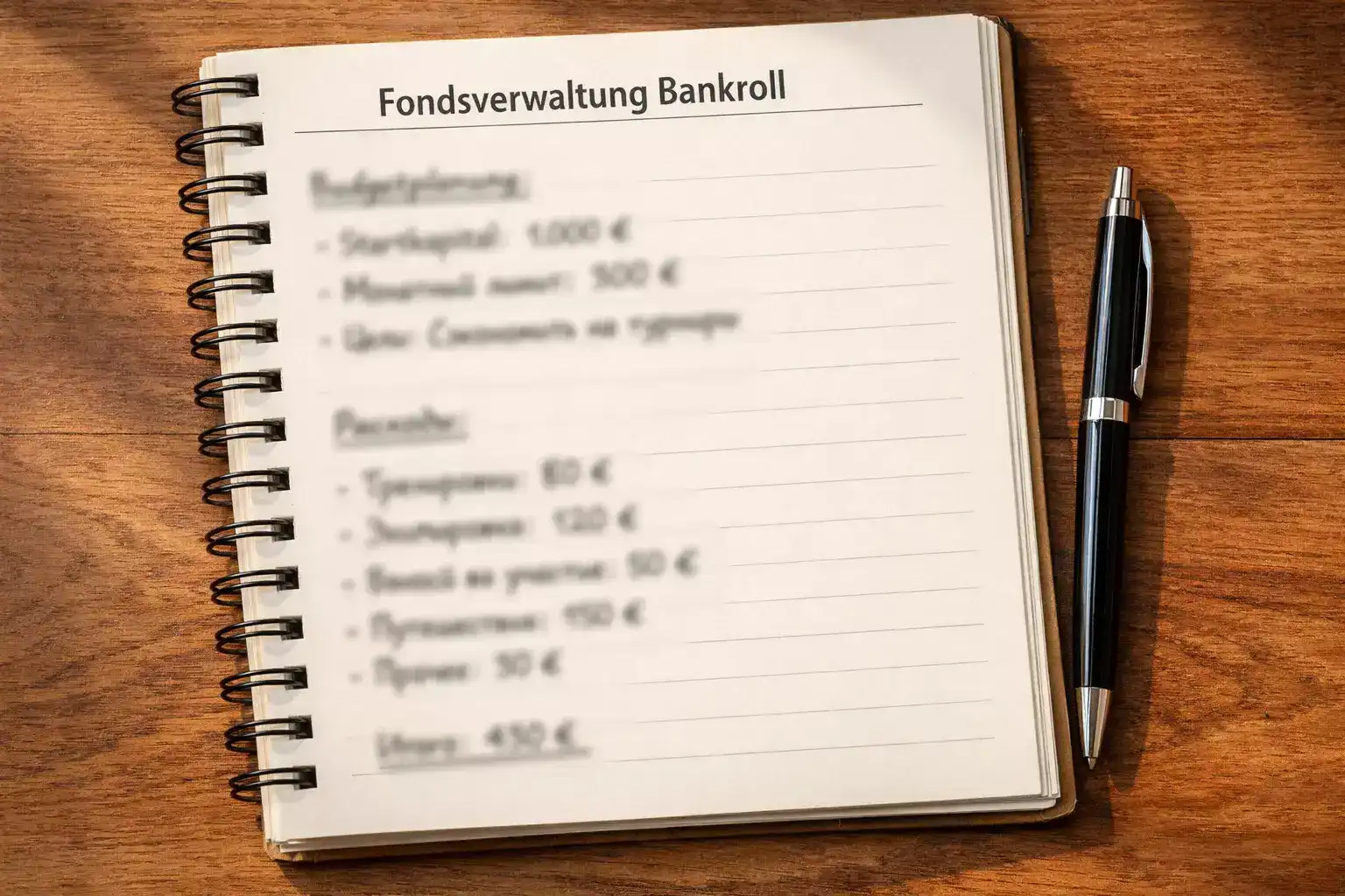 Notizbuch mit handgeschriebenem Wettbudget und Stift