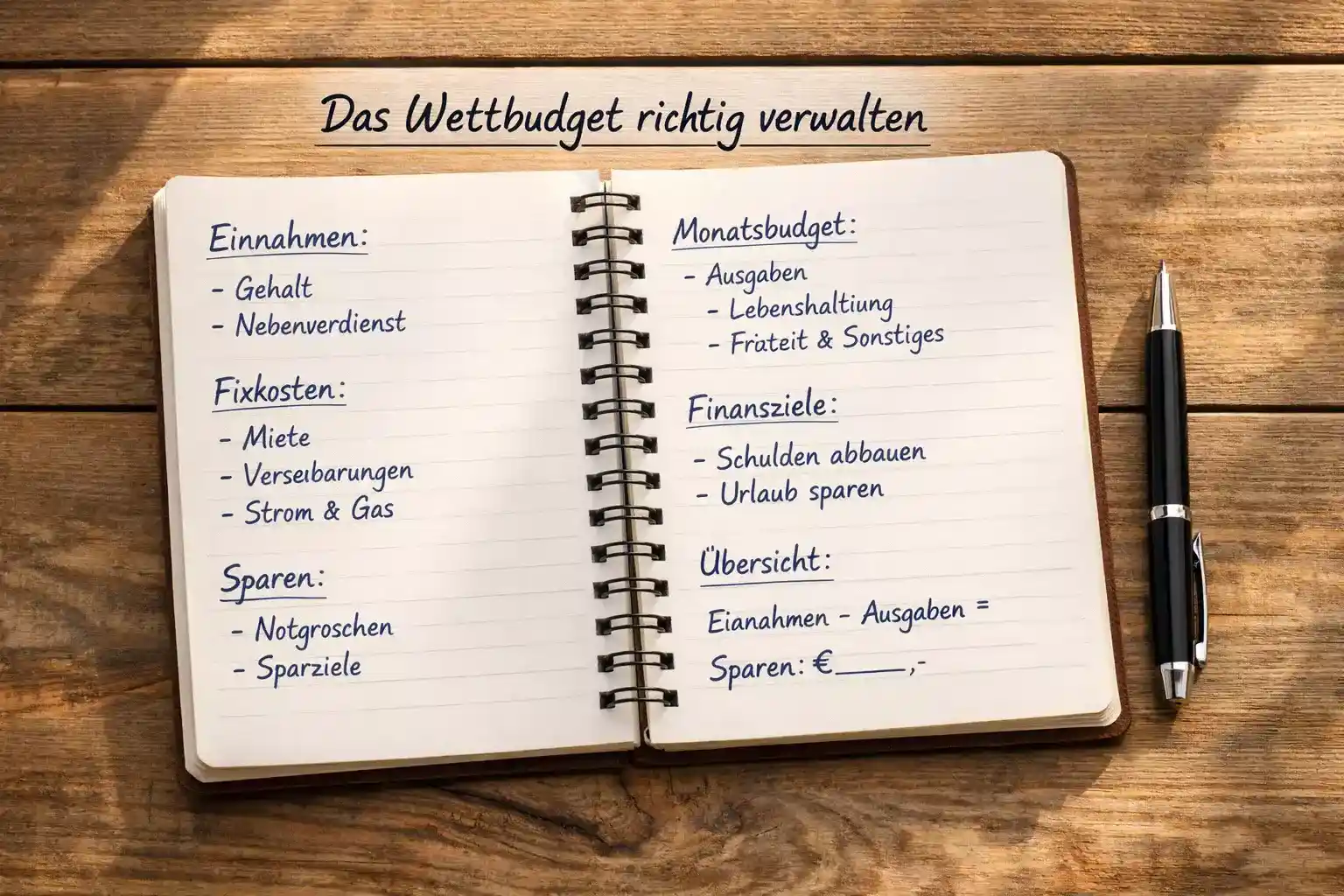 Notizblock mit handgeschriebenem Budget und Stift auf Holztisch