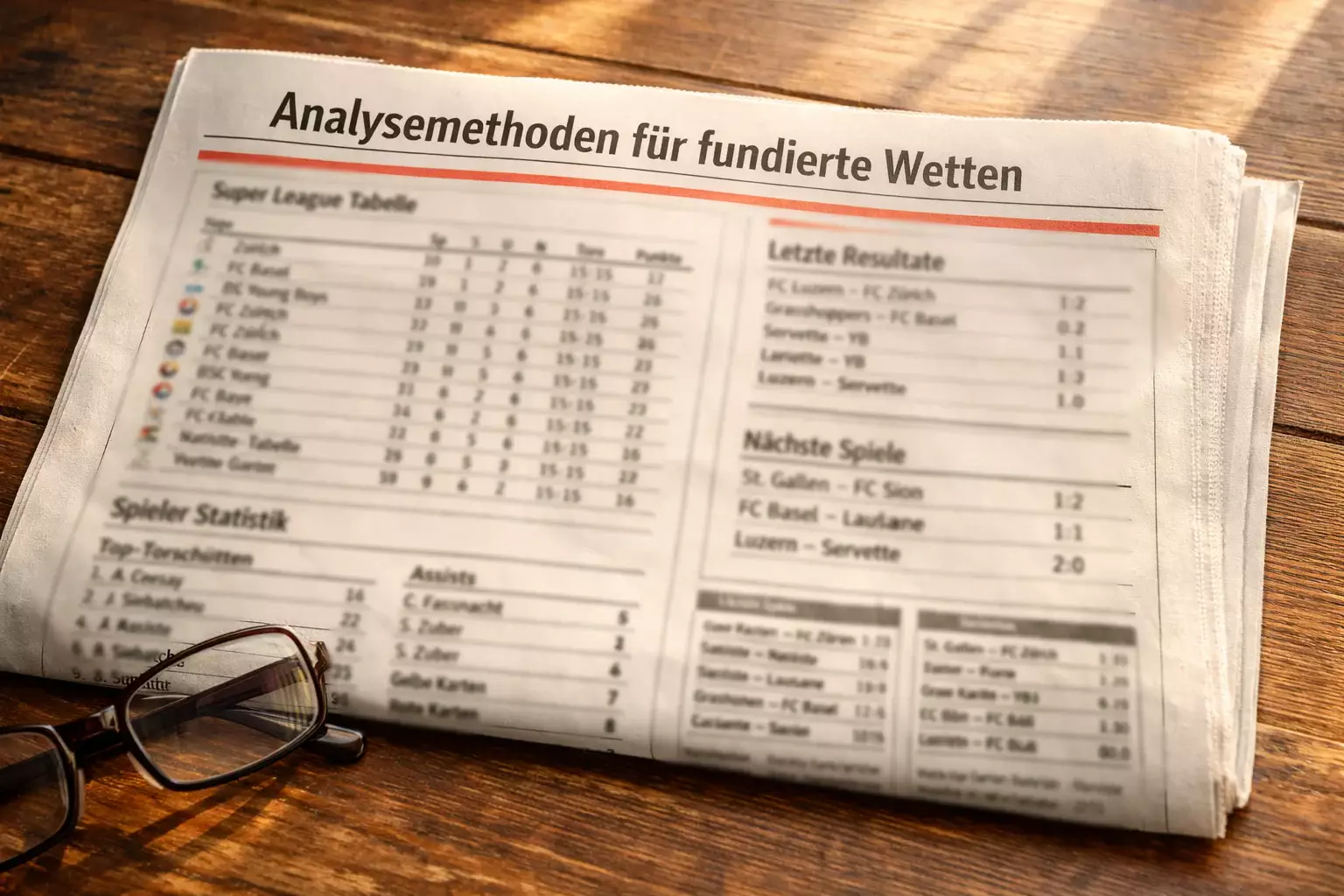 Sportzeitung mit Fussballtabelle und Statistiken auf dem Tisch