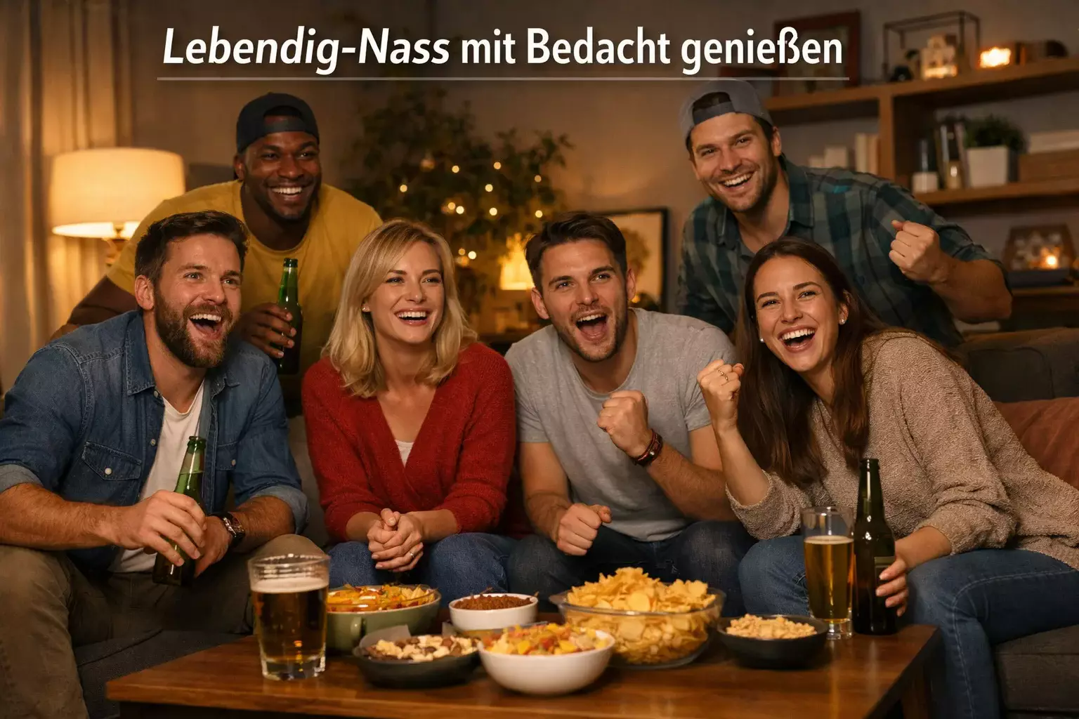 Freunde geniessen gemeinsam ein Fussballspiel im Wohnzimmer