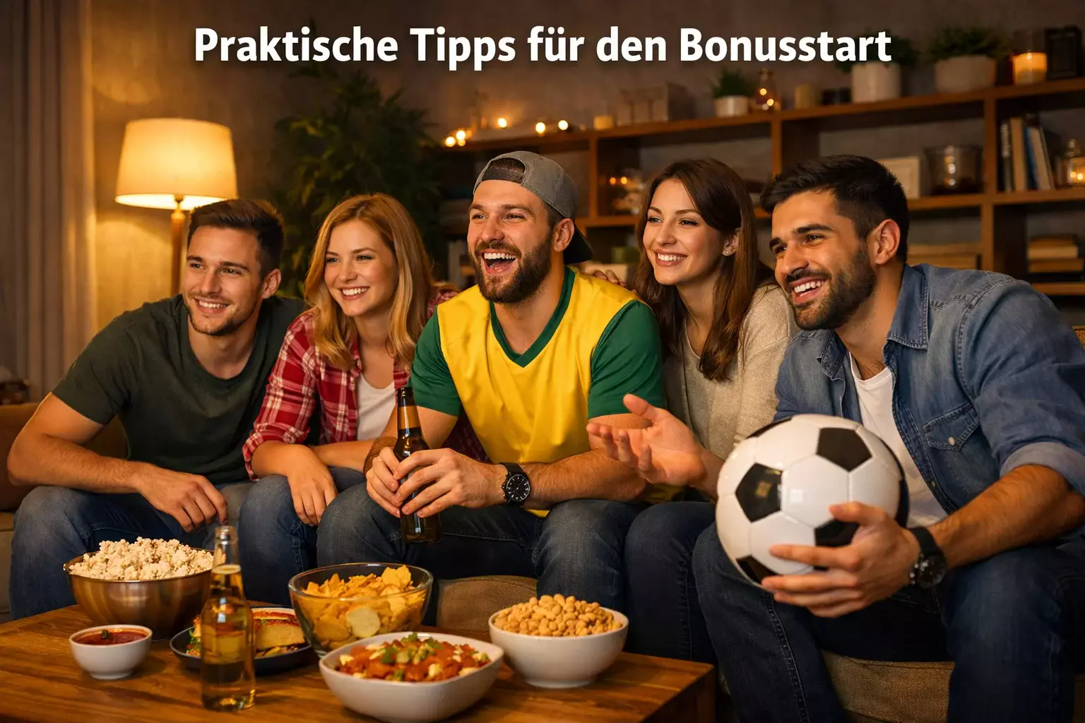 Freunde schauen gemeinsam Fussball und geniessen das Erlebnis