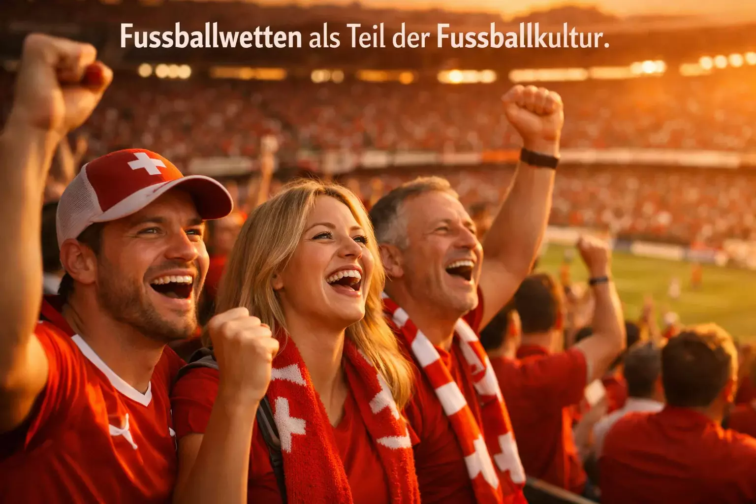 Fussballfans jubeln gemeinsam im Stadion bei Sonnenuntergang