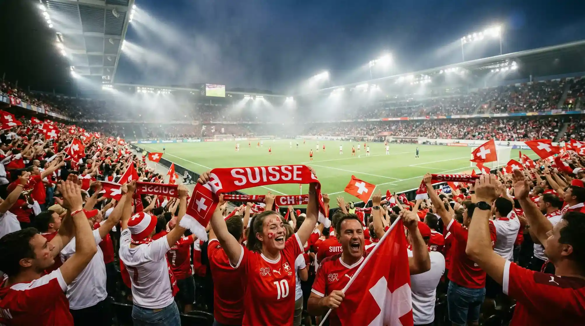 Schweizer Fussballfans im Stadion bei einem spannenden Spiel