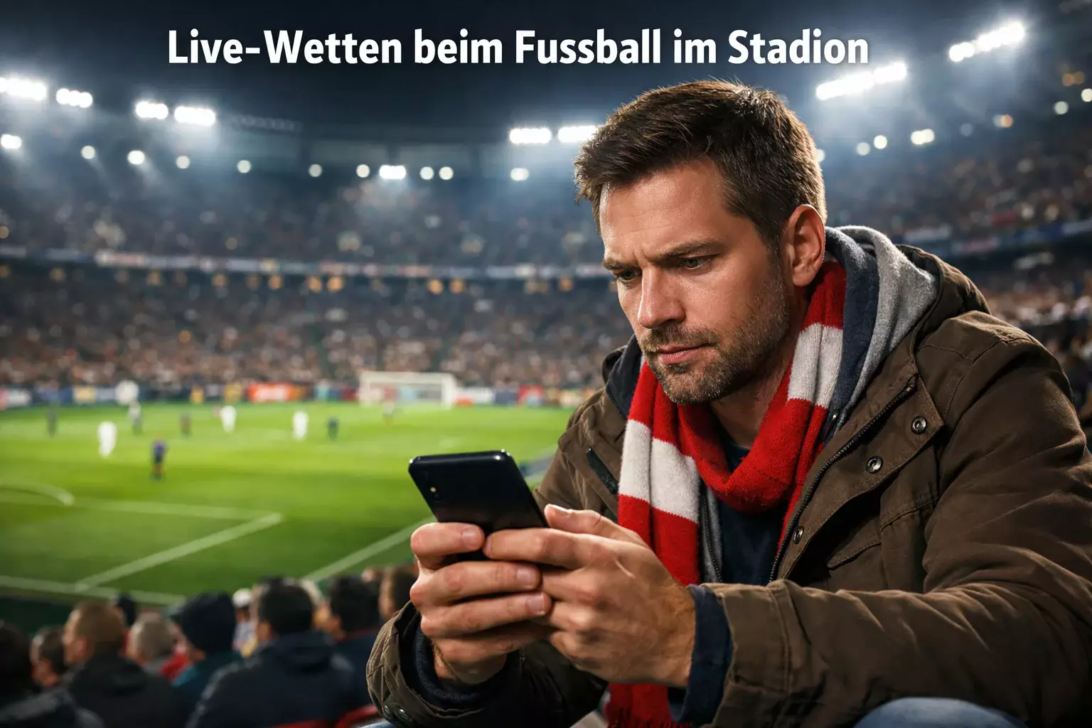 Fussballfan verfolgt Spiel im Stadion mit Smartphone