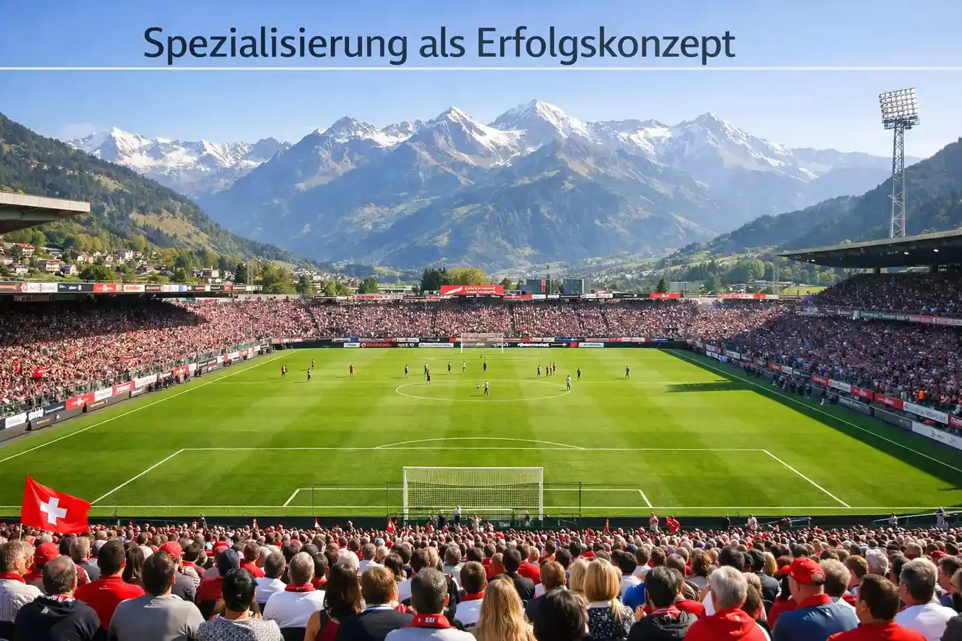 Schweizer Fussballstadion mit Fans und Bergpanorama im Hintergrund
