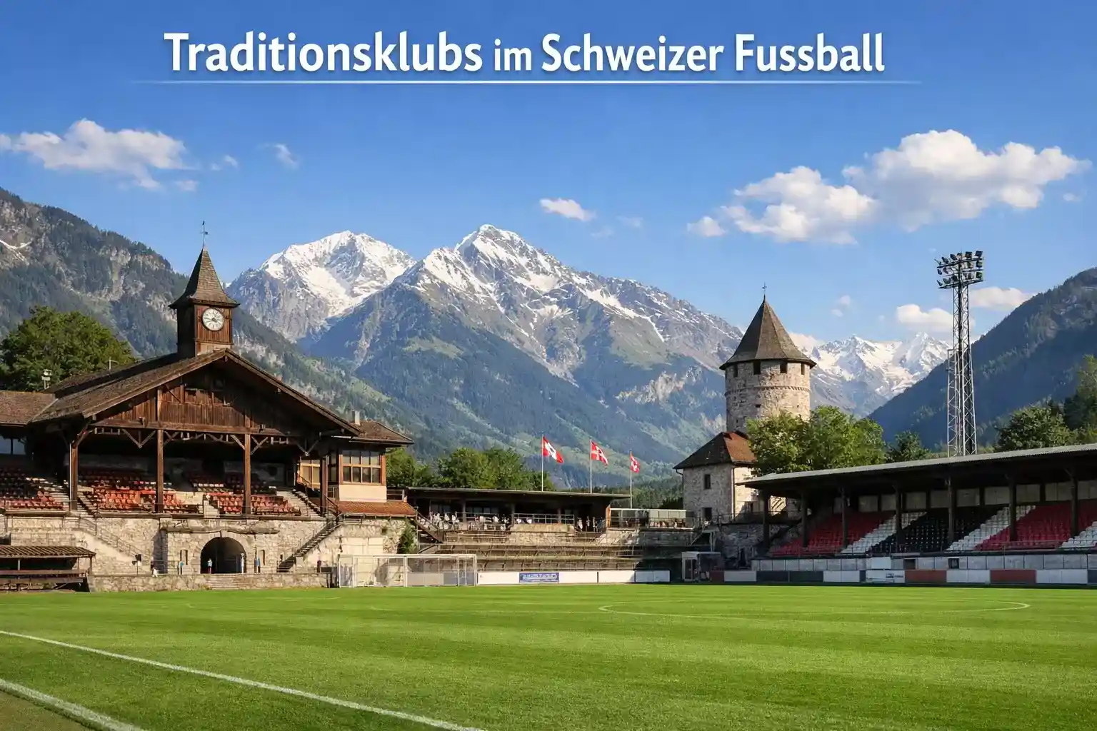 Historisches Schweizer Fussballstadion mit Bergpanorama