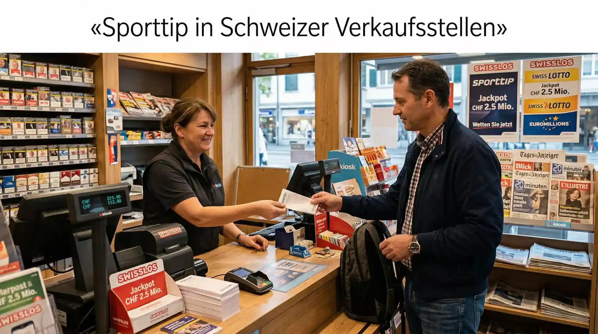 Schweizer Kiosk mit Sporttip-Wettschein und Kunde