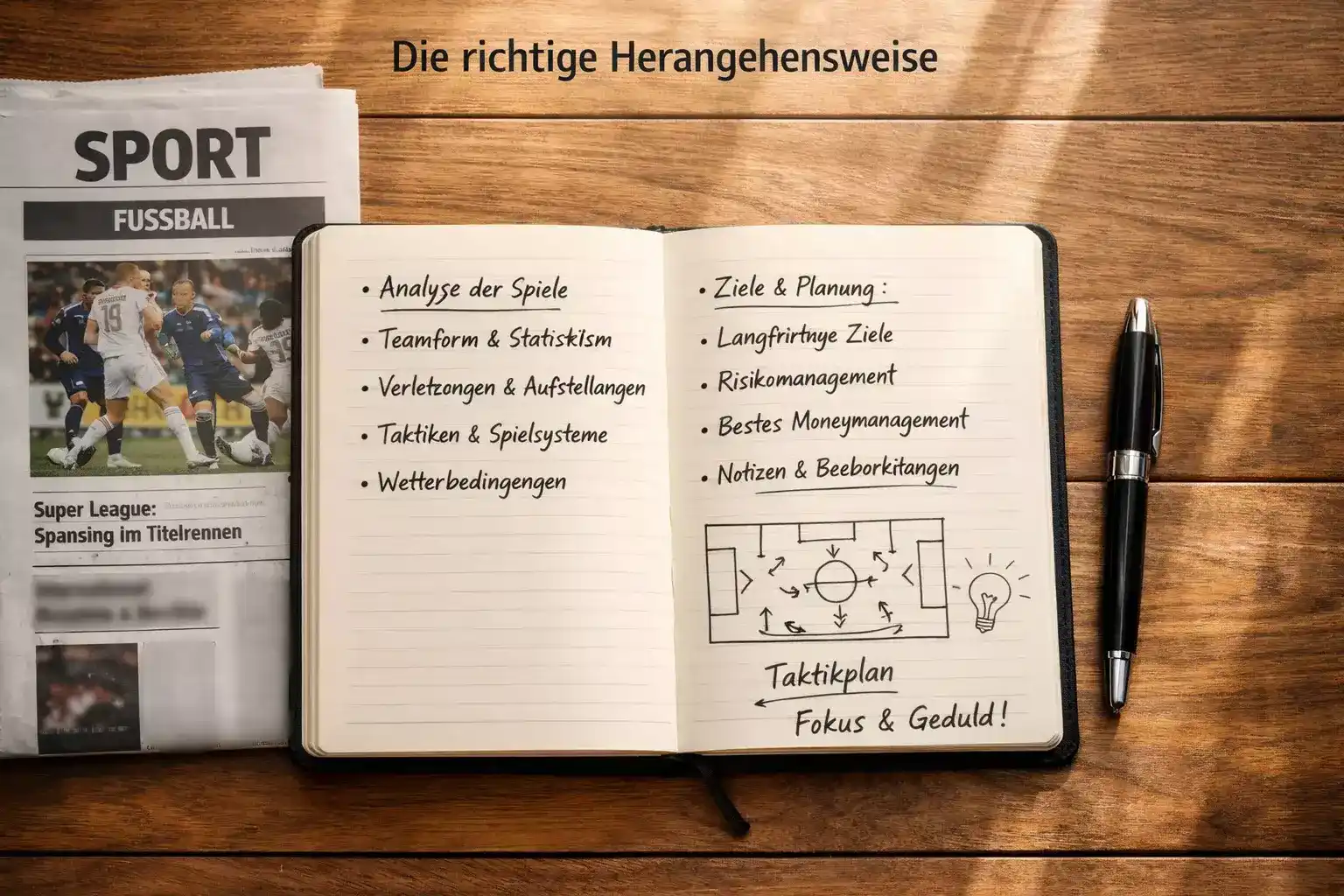 Person plant Wettstrategie mit Notizen und Sportzeitung