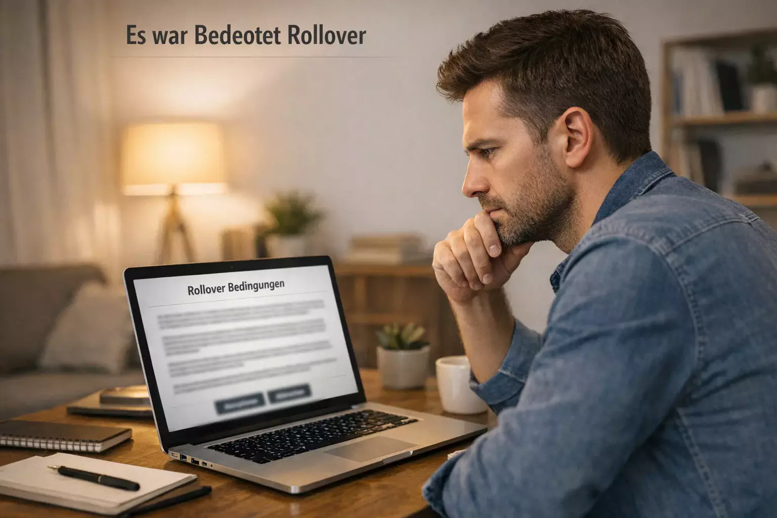 Person liest aufmerksam Bonusbedingungen am Laptop