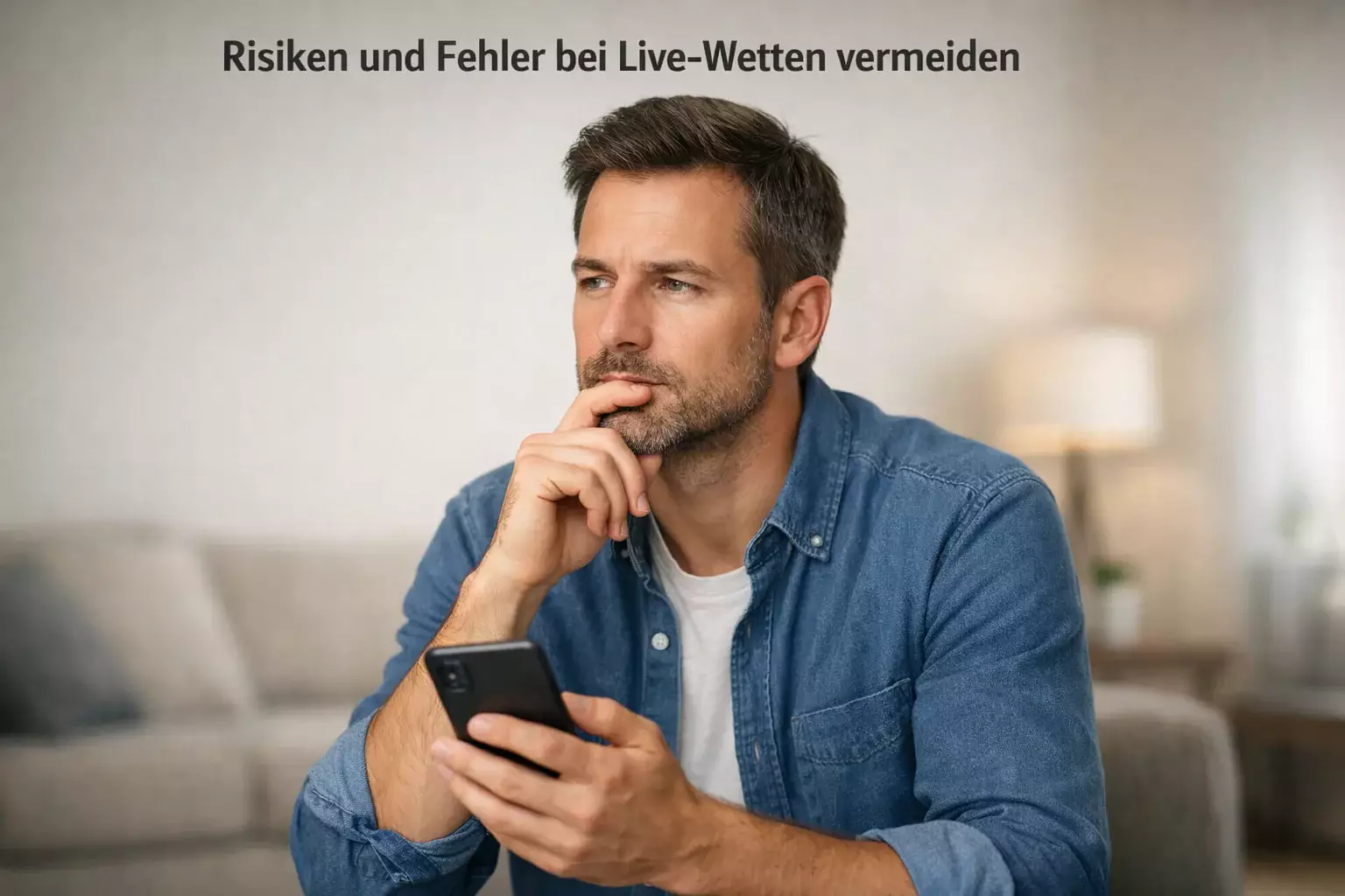 Nachdenklicher Mann mit Smartphone pausiert vor Entscheidung