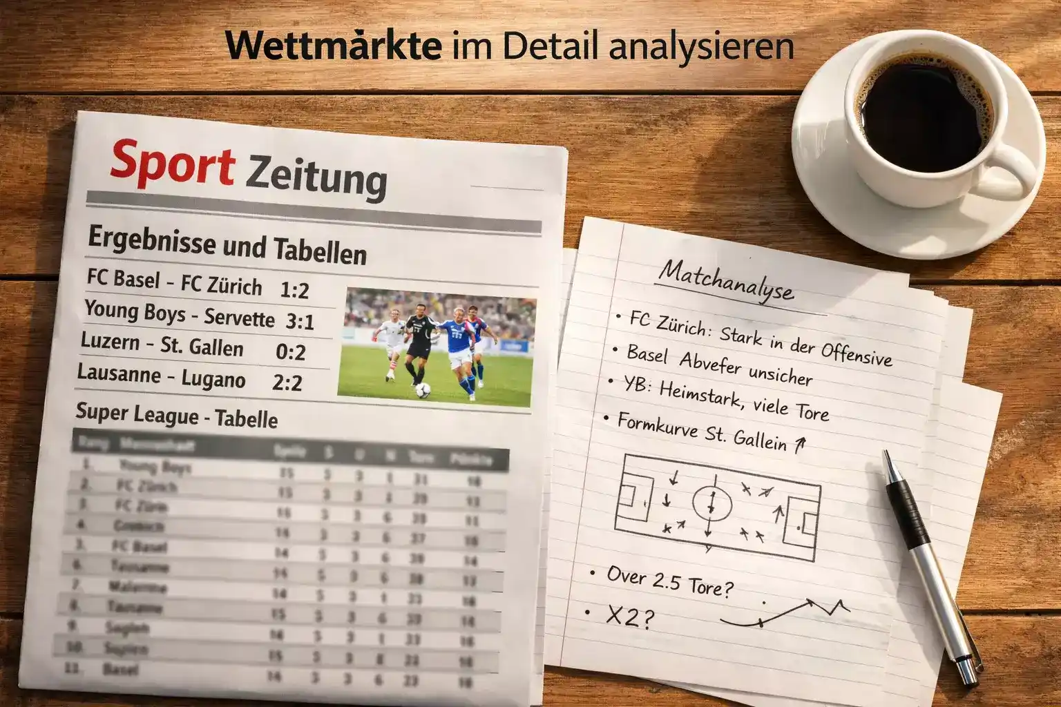 Sportzeitung mit Fussballergebnissen und Notizen auf dem Tisch